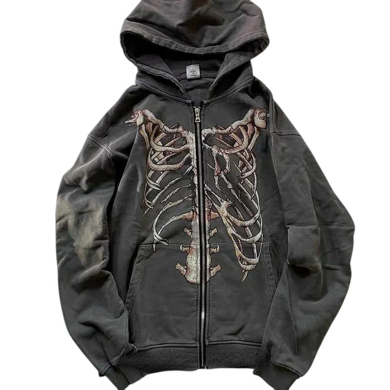COMFORTH charcoal grey zip-up hoodie with distressed skeleton graphic, drawstring hood, and kangaroo pocket.
