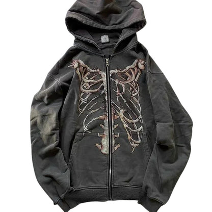 COMFORTH charcoal grey zip-up hoodie with distressed skeleton graphic, drawstring hood, and kangaroo pocket.