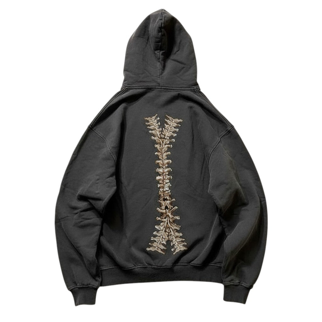 COMFORTH charcoal grey cotton blend zip-up hoodie with distressed skeleton graphic on back.