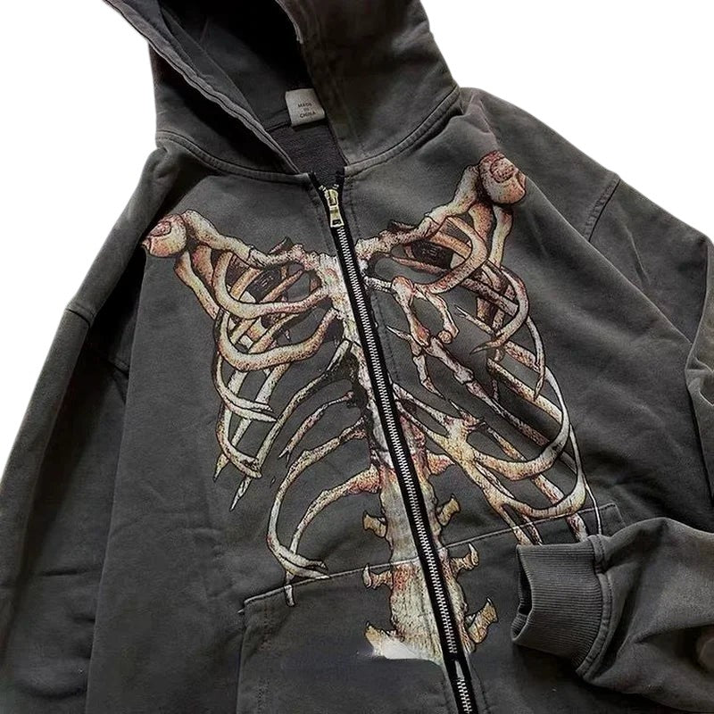 COMFORTH charcoal grey zip-up hoodie with a distressed skeleton graphic on the chest and back. Cotton blend.