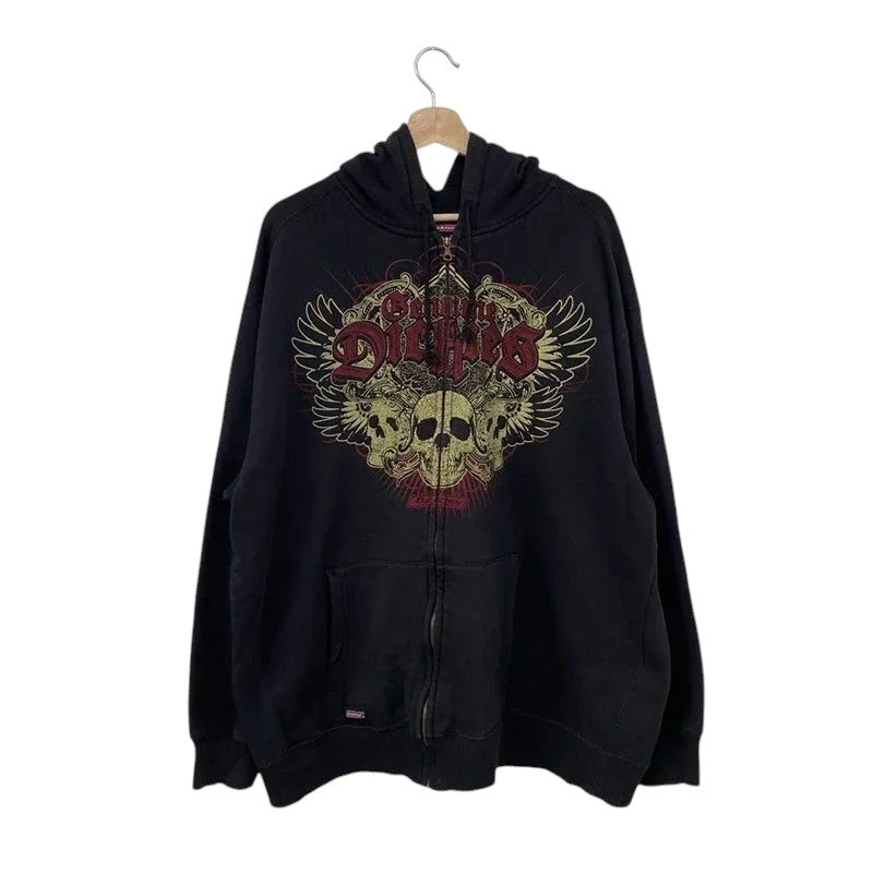 COMFORTH black zip-up hoodie with distressed skeleton graphic, wings, and gothic lettering. Cotton blend.