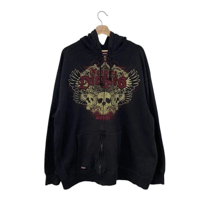COMFORTH black zip-up hoodie with distressed skeleton graphic, wings, and gothic lettering. Cotton blend.