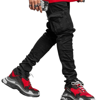 COMFORTH Men's skinny fit black denim cargo jeans with distressed detailing and panel construction.