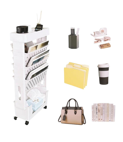 COMFORTH white multi-shelf rolling storage cart with perforated sides, holding files and tissues. Includes office supplies.