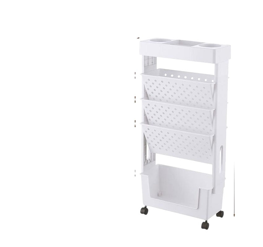 COMFORTH white plastic slim rolling storage cart with 3 perforated shelves and a bottom bin. Top has compartments for cups or utensils.