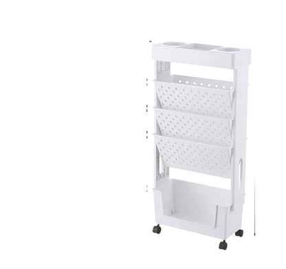 COMFORTH white plastic slim rolling storage cart with 3 perforated shelves and a bottom bin. Top has compartments for cups or utensils.