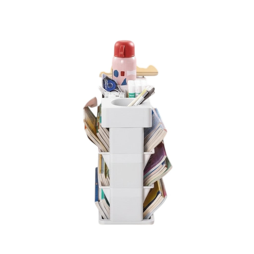COMFORTH white multi-shelf rolling storage cart with books, water bottle, and office supplies