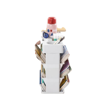 COMFORTH white multi-shelf rolling storage cart with books, water bottle, and office supplies