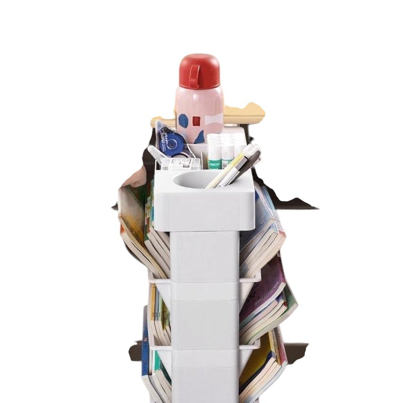 COMFORTH white slim rolling storage cart with multiple shelves, holding books, pens, and a water bottle.
