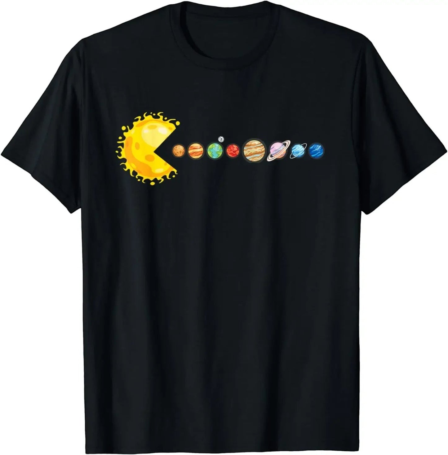COMFORTH black cotton t-shirt with a graphic of Pac-Man as the Sun chasing planets in the solar system.