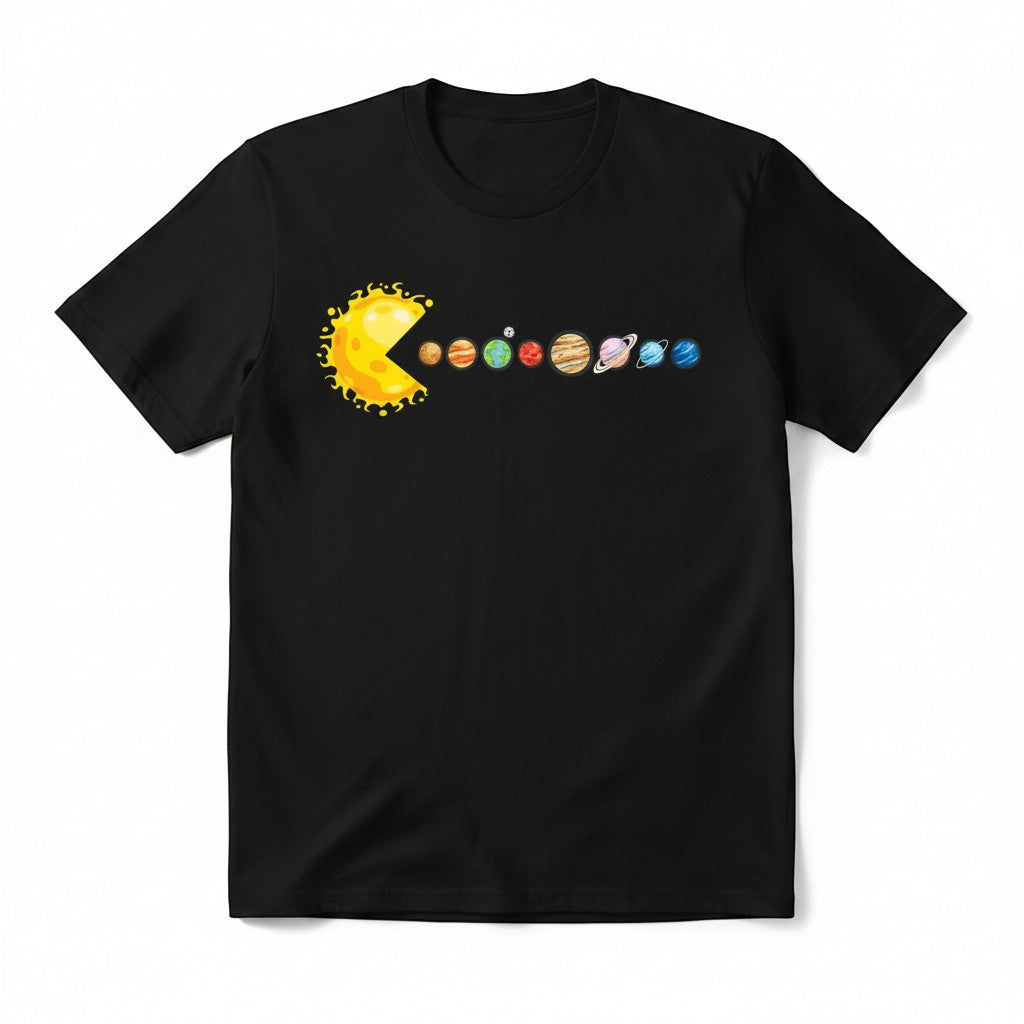COMFORTH black cotton t-shirt with a graphic of Pac-Man as the Sun chasing planets in a solar system.