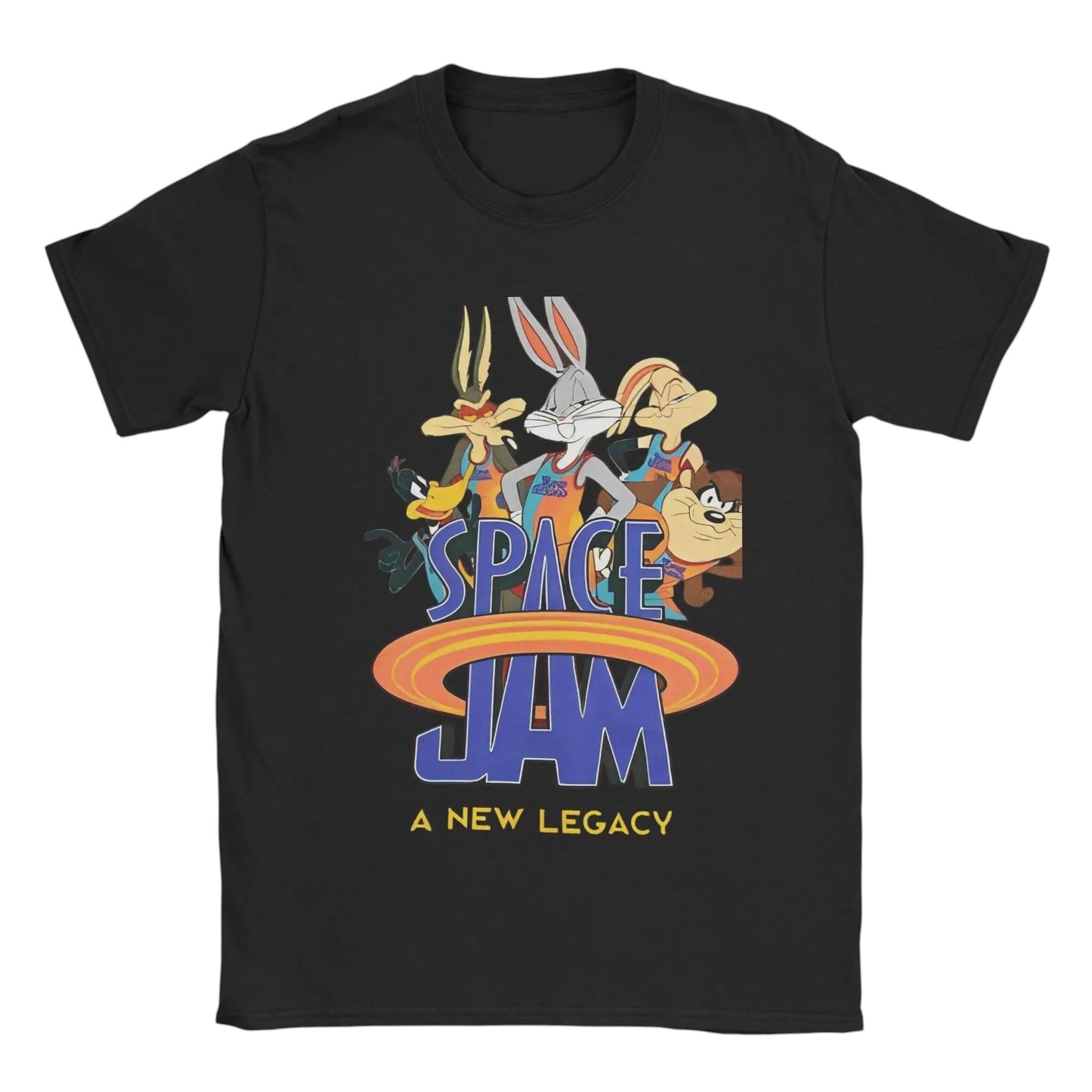 COMFORTH black cotton t-shirt with Space Jam A New Legacy graphic featuring Bugs Bunny, Lola Bunny, Daffy Duck, and Tazmanian Devil.