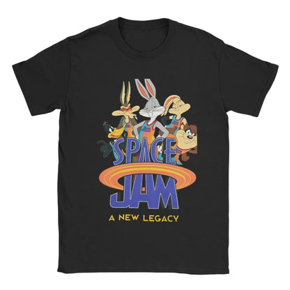 COMFORTH black cotton t-shirt with Space Jam A New Legacy graphic featuring Bugs Bunny, Lola Bunny, Daffy Duck, and Tazmanian Devil.