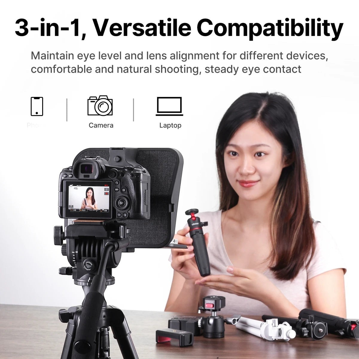 COMFORTH teleprompter with camera, phone, and laptop compatibility. Features a reflective glass and a woman holding a grip.
