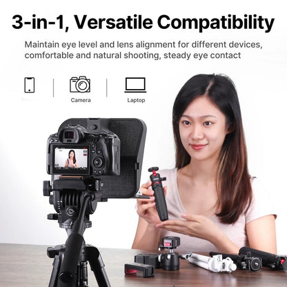 COMFORTH teleprompter with camera, phone, and laptop compatibility. Features a reflective glass and a woman holding a grip.