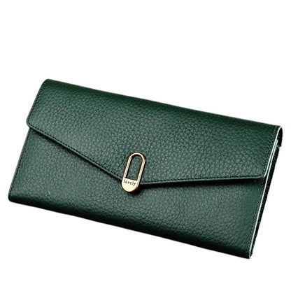 COMFORTH textured forest green leather envelope wallet with gold clasp and "lovely" detail.