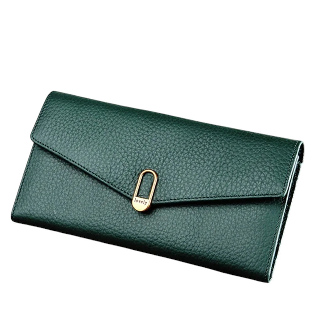 COMFORTH textured forest green leather envelope wallet with gold clasp and "lovely" detail.