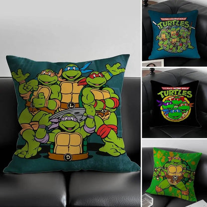 COMFORTH Teenage Mutant Ninja Turtles decorative throw pillow featuring Leonardo, Donatello, Michelangelo, and Raphael. Green fabric.