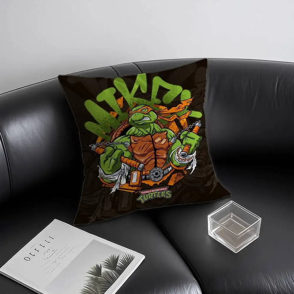COMFORTH Teenage Mutant Ninja Turtles decorative throw pillow featuring Michelangelo in action with nunchucks. Green and orange design on a black background.