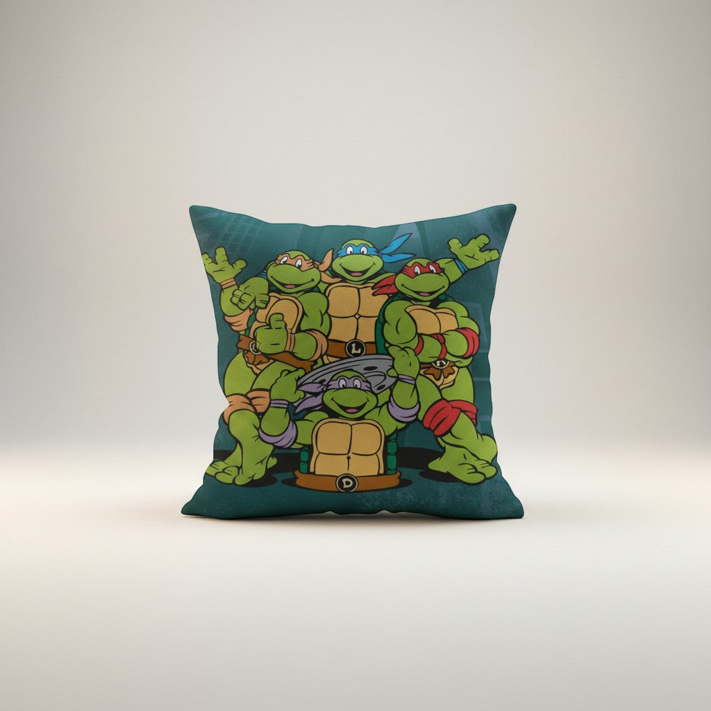 COMFORTH Teenage Mutant Ninja Turtles decorative throw pillow featuring Leonardo, Donatello, Michelangelo, and Raphael in vibrant colors on a teal background.