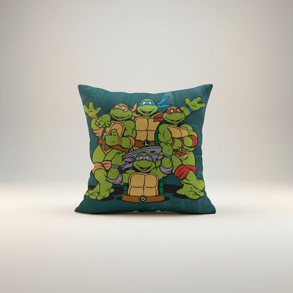 COMFORTH Teenage Mutant Ninja Turtles decorative throw pillow featuring Leonardo, Donatello, Michelangelo, and Raphael in vibrant colors on a teal background.