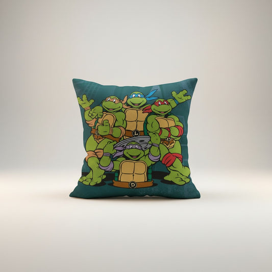 COMFORTH Teenage Mutant Ninja Turtles decorative throw pillow featuring Leonardo, Donatello, Michelangelo, and Raphael in vibrant colors on a teal background.