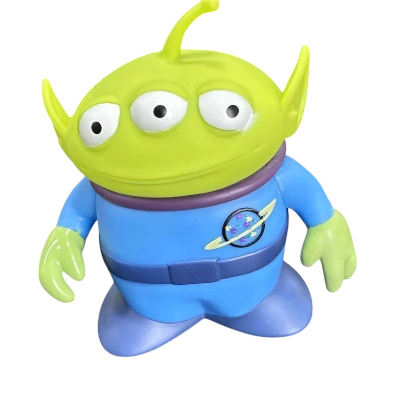 COMFORTH Toy Story Alien figure, green head, three eyes, blue uniform with Pizza Planet logo, for play or display.