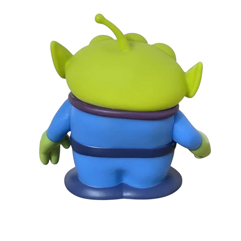 COMFORTH Toy Story Alien figure, bright green head, blue uniform with Pizza Planet logo, purple collar detail.
