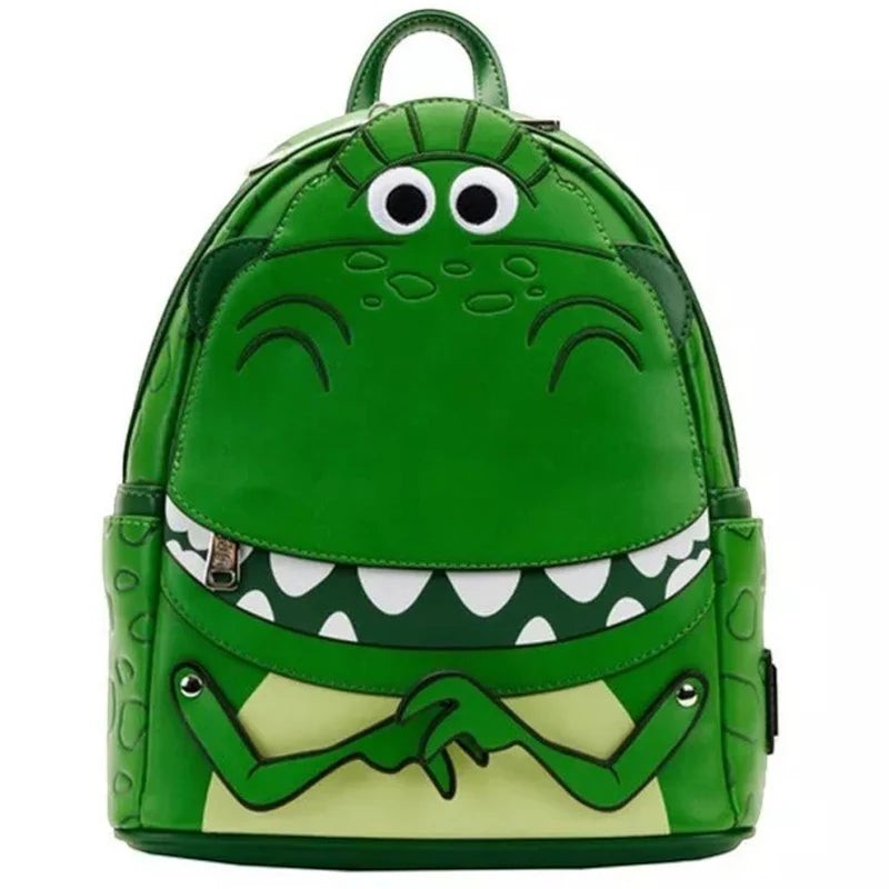 COMFORTH Toy Story Rex Dinosaur Backpack, green faux leather with googly eyes and wide grin.