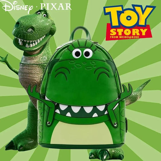 COMFORTH Toy Story Rex Dinosaur Backpack, green faux leather with googly eyes, wide grin, and outstretched arms.