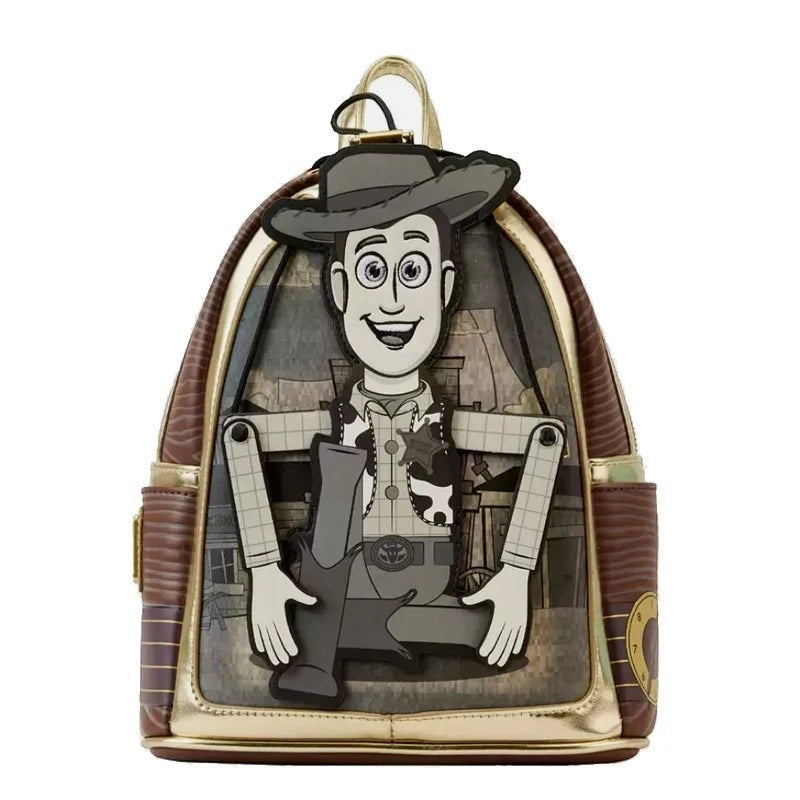 COMFORTH Toy Story Woody backpack made of faux leather with gold trim. Features Woody character design.