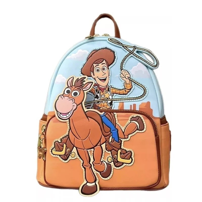 COMFORTH Toy Story Woody riding Bullseye backpack, faux leather, featuring desert landscape and character graphics.