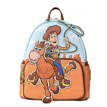 COMFORTH Toy Story Woody riding Bullseye backpack, faux leather, featuring desert landscape and character graphics.