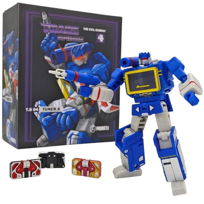 COMFORTH Transformers The Evil Energy 4 Tuner S action figure, blue with silver and red accents, transforming boombox, includes cassette minions.