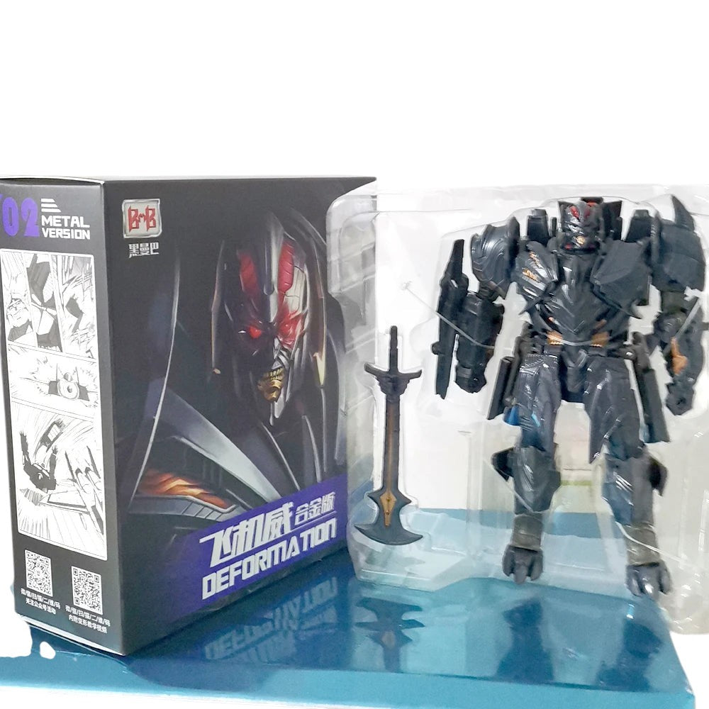 COMFORTH black metal transforming robot action figure with sword accessory, detailed design, articulated joints.