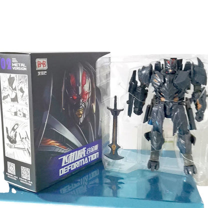 COMFORTH black metal transforming robot action figure with sword accessory, detailed design, articulated joints.