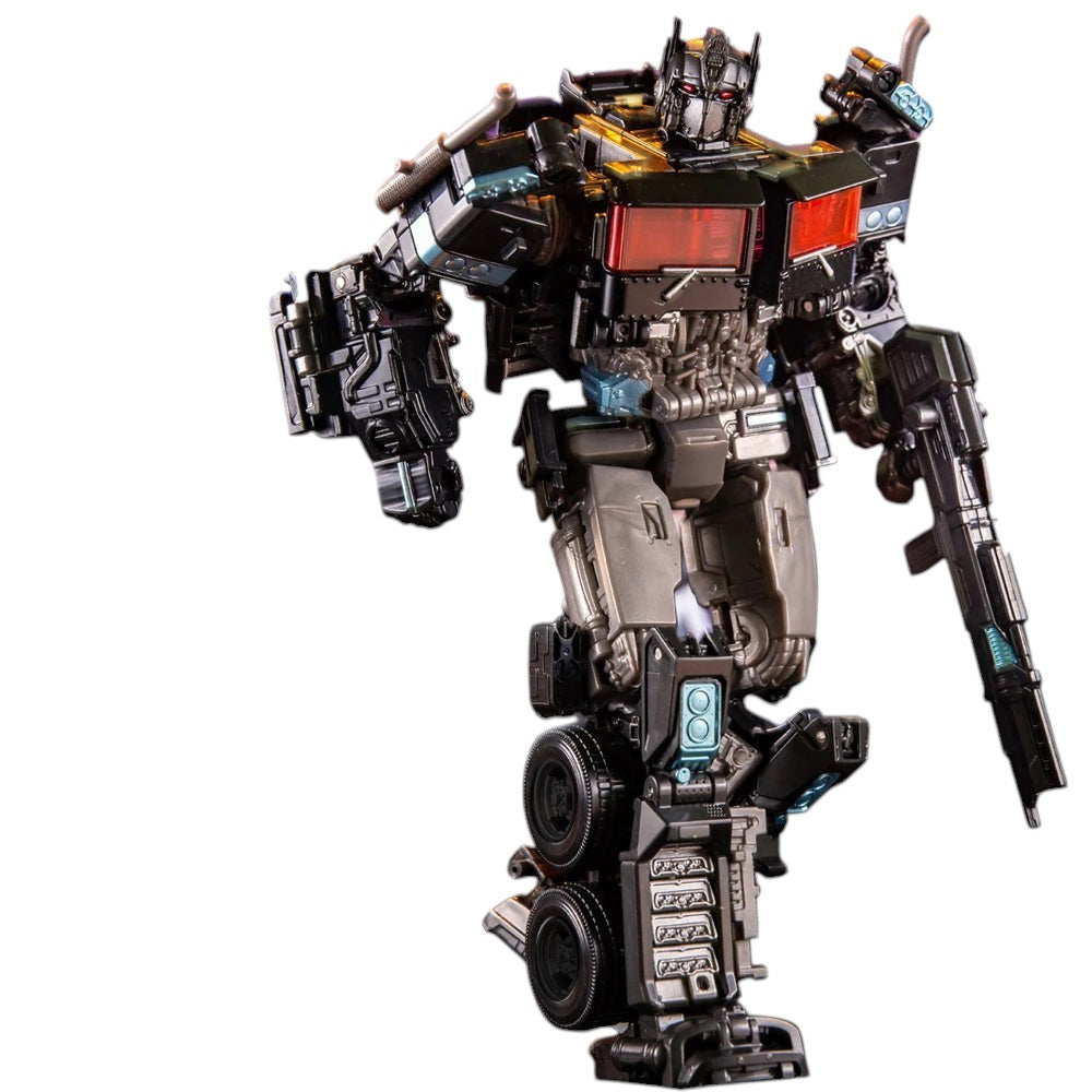 COMFORTH black and silver transforming robot action figure with red accents, detailed mechanical design, holding a weapon.
