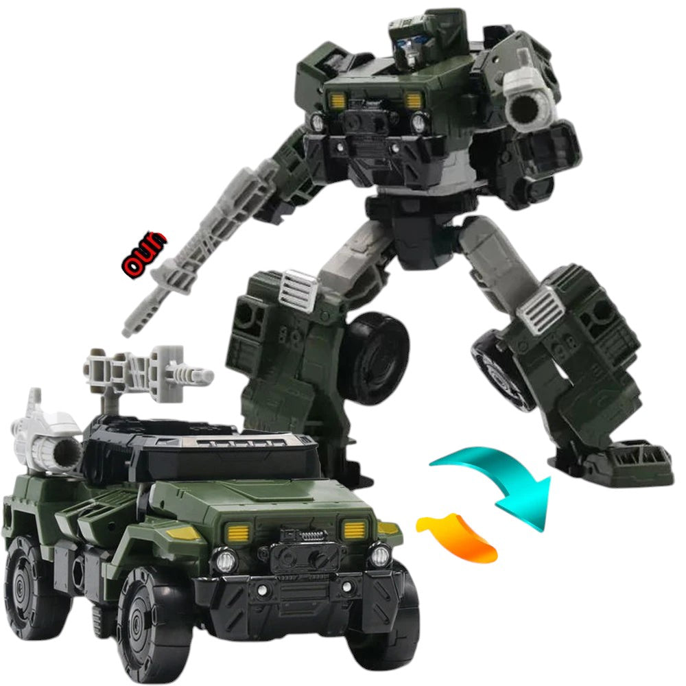 COMFORTH green and grey transforming robot action figure, shown in robot and vehicle modes. Durable plastic construction.