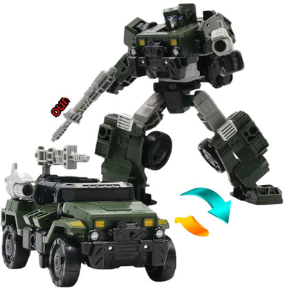 COMFORTH green and grey transforming robot action figure, shown in robot and vehicle modes. Durable plastic construction.
