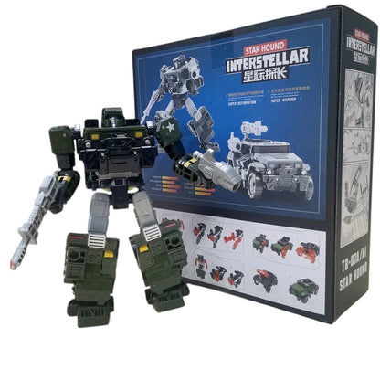 COMFORTH green and grey transforming robot action figure, military vehicle mode shown on box.