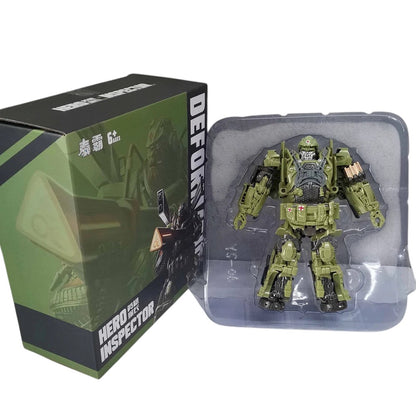 COMFORTH Hero Inspector transforming robot action figure, military green with red cross emblem, articulated limbs, detailed design.