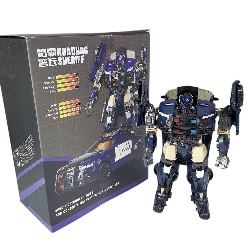COMFORTH Transforming Robot Action Figure Set, a police car robot in dark blue and silver with red and blue lights, detailed mechanical features.