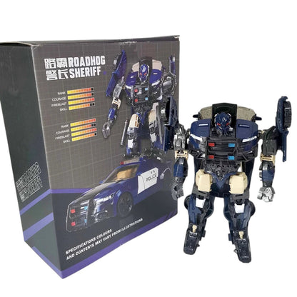 COMFORTH Transforming Robot Action Figure Set, a police car robot in dark blue and silver with red and blue lights, detailed mechanical features.