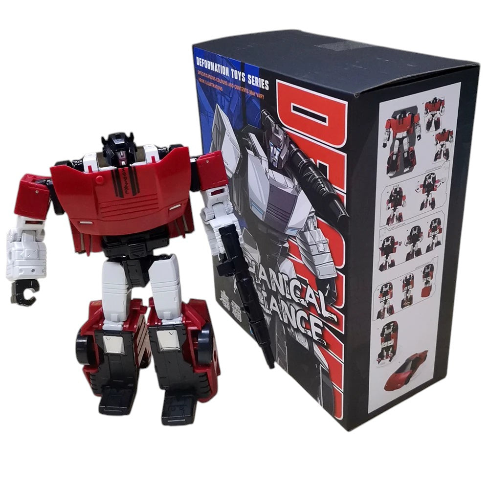 COMFORTH red and white transforming robot action figure with black accents, standing next to its box showing transformation steps.