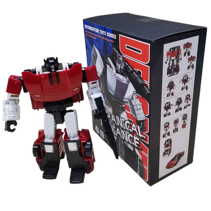 COMFORTH red and white transforming robot action figure with black accents, standing next to its box showing transformation steps.