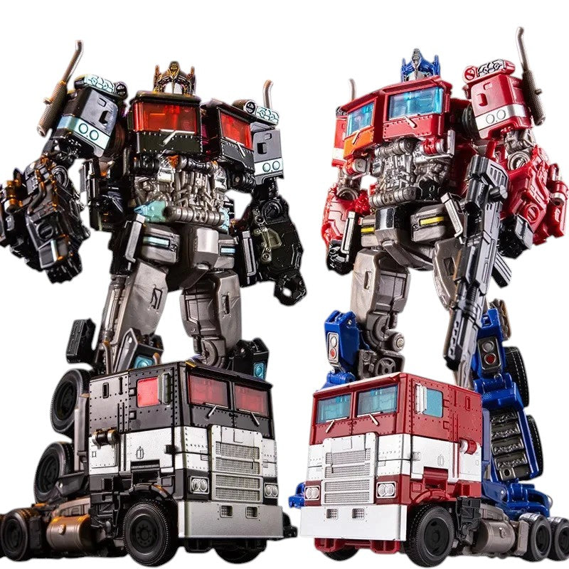 COMFORTH two transforming robot action figures, one black and silver, one red and blue, with truck modes.