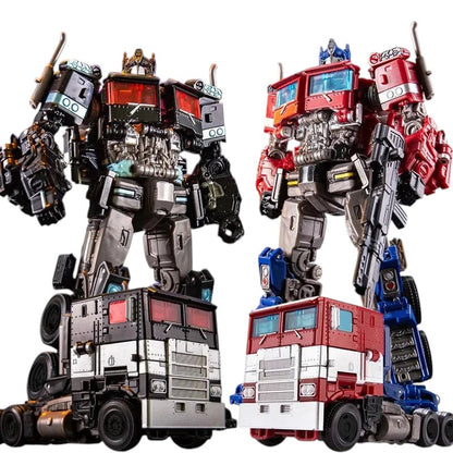 COMFORTH two transforming robot action figures, one black and silver, one red and blue, with truck modes.