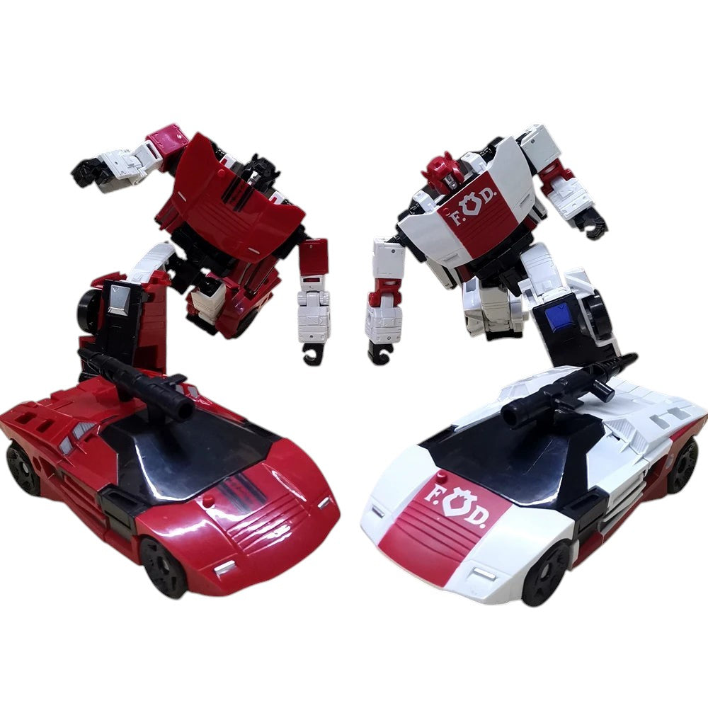 COMFORTH Red and white transforming robot action figures, one a police car, the other a sports car.