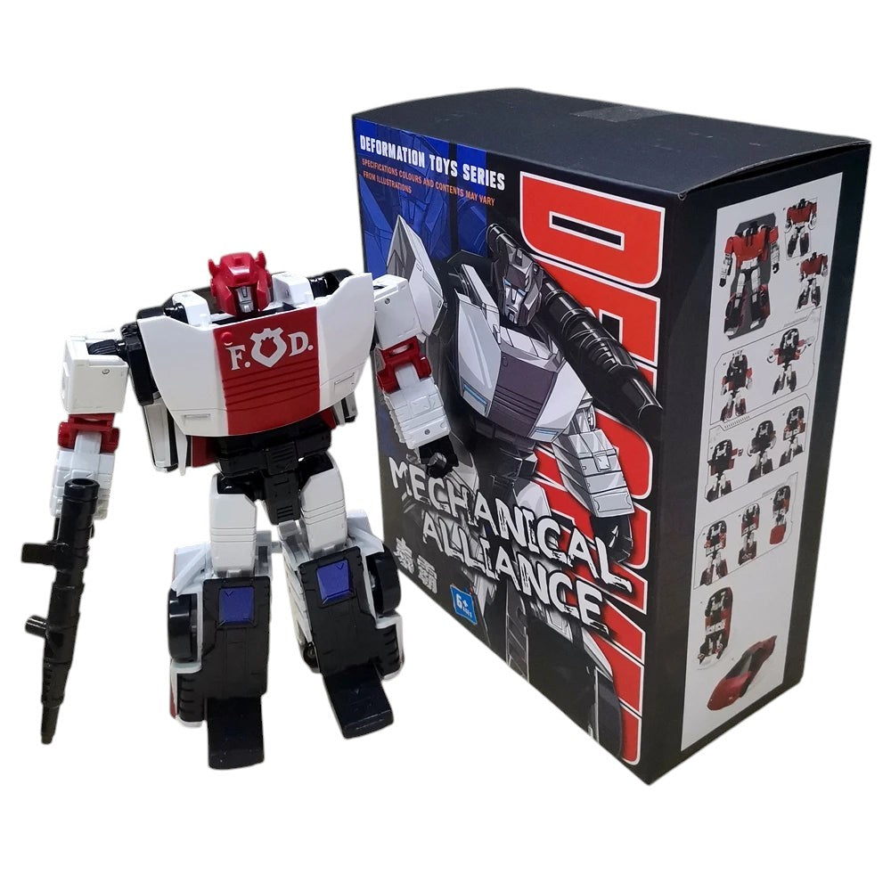 COMFORTH white and red transforming robot action figure with black accents and a gun, next to its box.