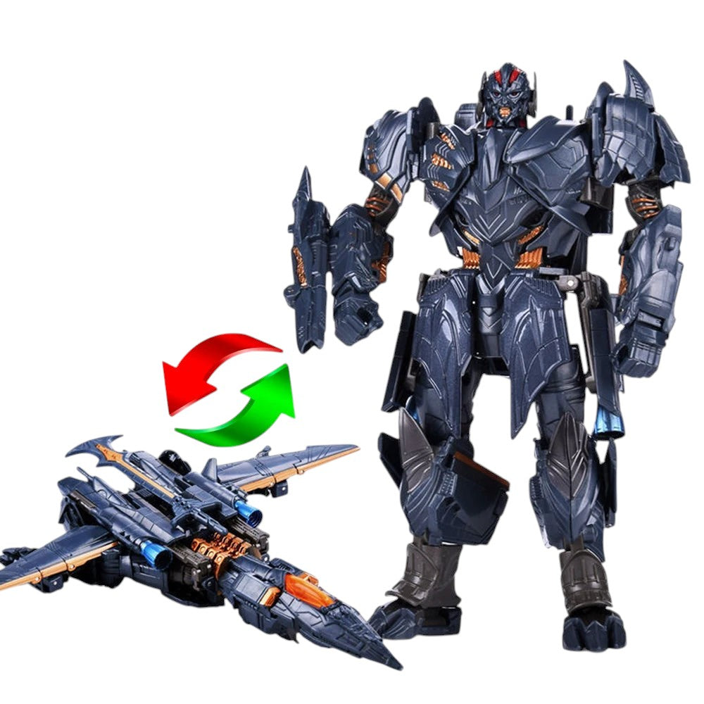 COMFORTH Transforming robot action figure in dark grey with orange and blue accents, shown in robot mode next to its jet vehicle mode.